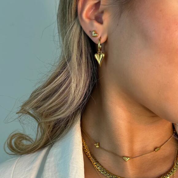 Luxury Heart Pendant Hoop Earrings 18K Gold Plated Stainless Steel - Picture 5 of 11